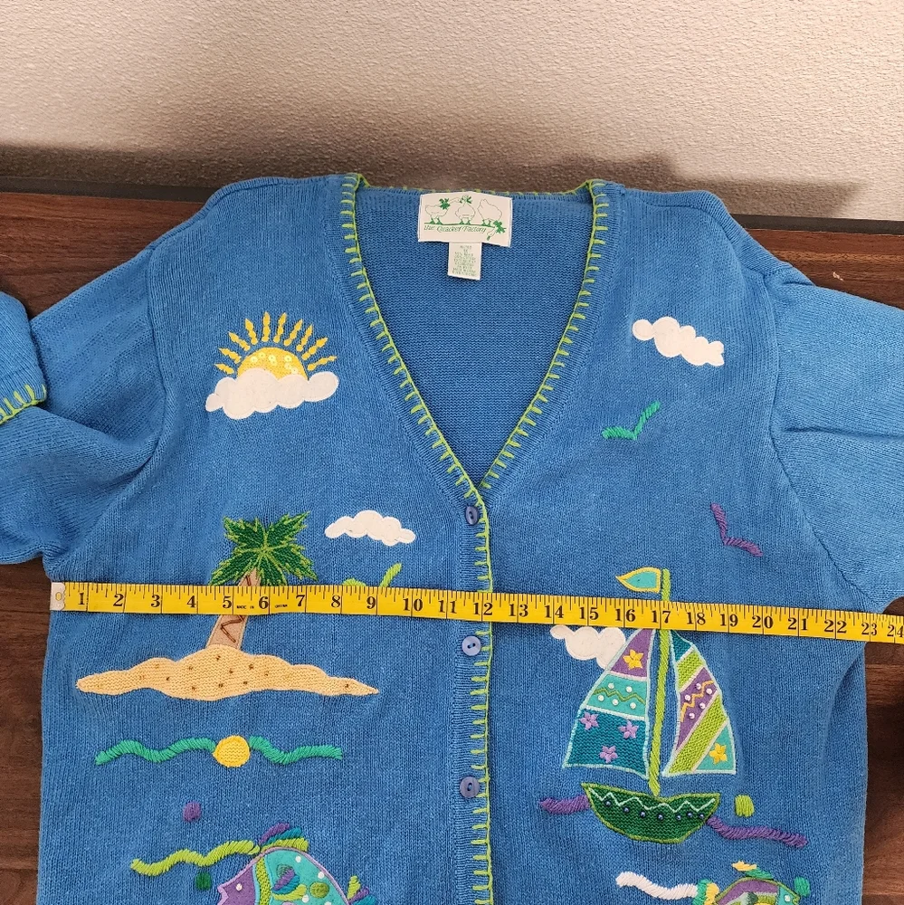 Vintage Quacker Factory Blue Tropical Seashort Cardigan Sweater - Picture 8 of 9